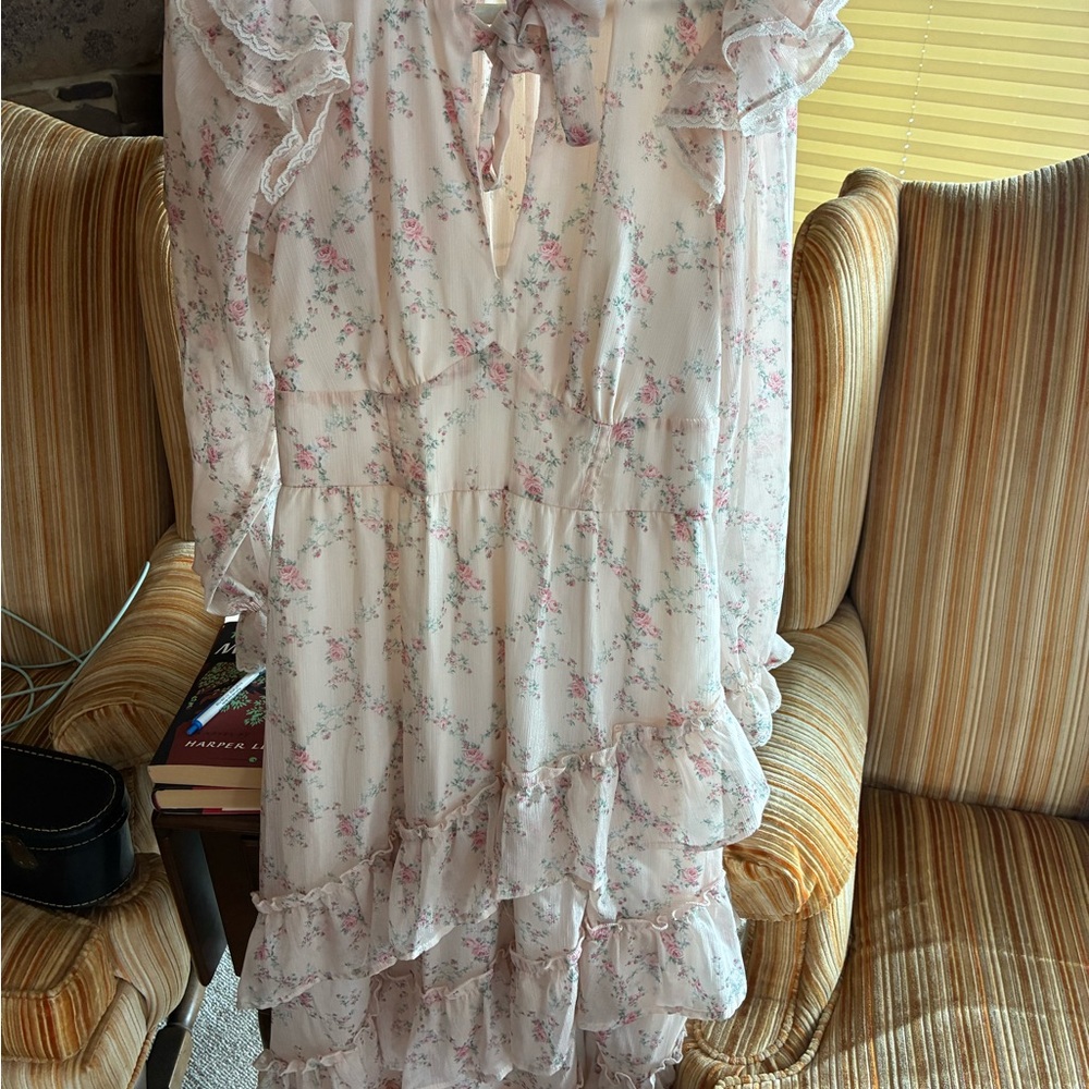 Francesca's Collections Pink and White Floral Long Sleeve Dress